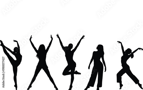 dancing people silhouettes, vector illustration, energetic party crowd, raised hands figures, celebration movement, black shadow characters isolated on white background