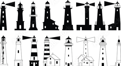 set of lighthouse silhouettes, vector collection, nautical beacon icons, coastal navigation symbols, maritime safety towers, black white outline illustration isolated