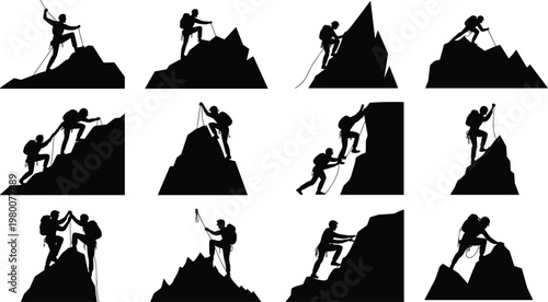 mountain, climbing, silhouette, climber, hiking, adventure, rock, summit, outdoor, sport, trekking, extreme, nature, peak, challenge, rope, expedition, exploration, teamwork, set