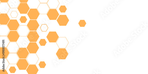 Abstract Orange Geometric Hexagon Pattern with Honeycomb Structures on Transparent Background, Modern Minimal Tech Network Concept with Scattered Polygon Elements.