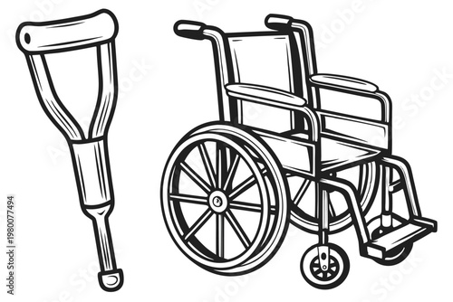 Clean Monochrome Crutch and Wheelchair Icons, Minimalist Vector for Medical Needs