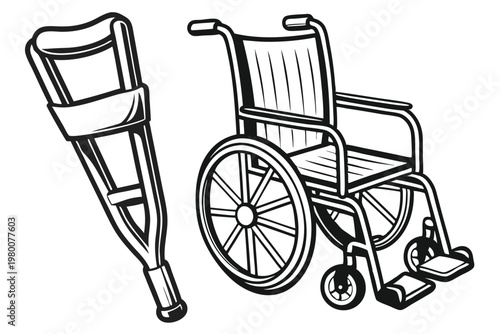 Set of Minimalist Crutch and Wheelchair Icons, Monochrome Vector for Assistance