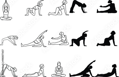 Yoga poses collection black silhouette illustrations for wellness and fitness