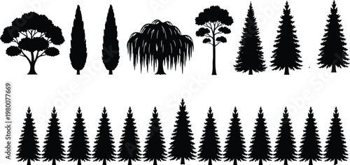 tree, silhouette, forest, nature, pine, evergreen, collection, black, woodland, landscape, plant, outdoor, environment, foliage, vector, illustration, set, design, botanical, scenery