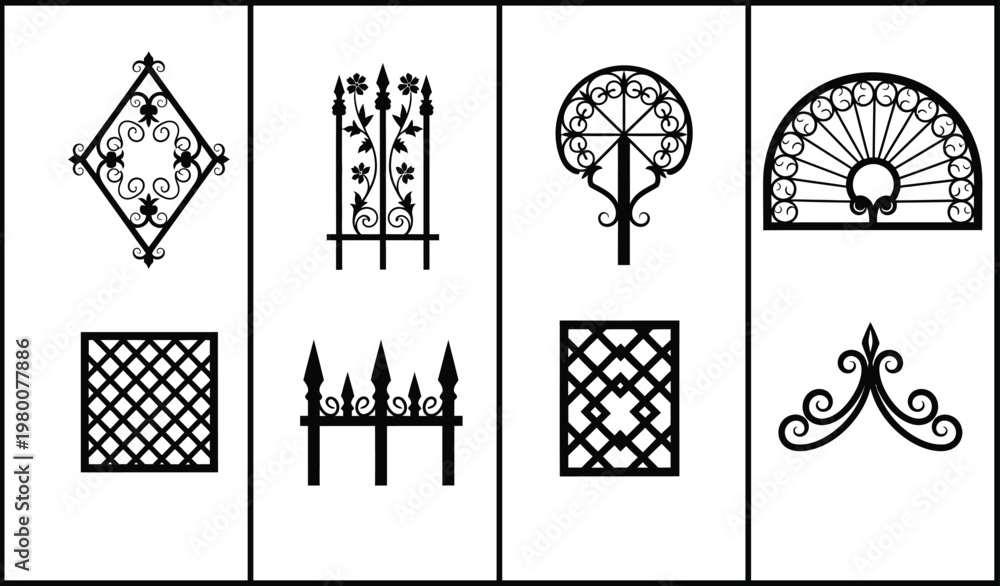 Fototapeta premium Collection of black and white ornamental ironwork designs for architectural elements