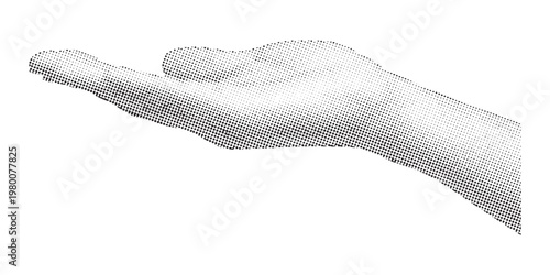 A stylized graphic illustration of an open human hand created using a halftone dot effect style