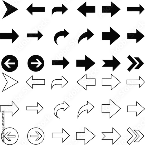 Collection of black and white arrow icons in various styles and directions