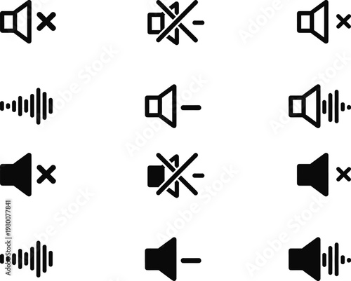 Collection of black and white speaker icons with mute and volume controls