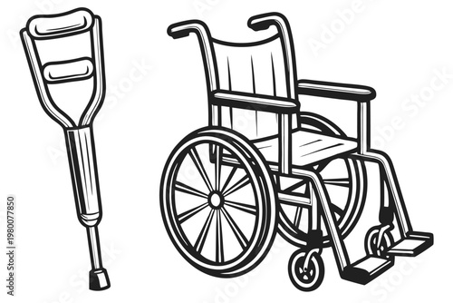 Minimalist Crutch and Wheelchair Icons in Monochrome, Vector Art for Mobility Support