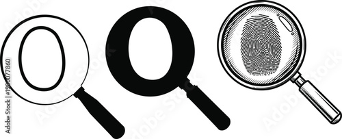 Three black and white illustrations of magnifying glasses and fingerprint