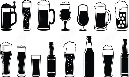 Beer, glasses, silhouette, collection, drink, alcohol, beverage, mug, bottle, pint, bar, pub, black, illustration, foam, design, set, brewing, lager, ale