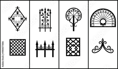 Collection of black and white ornamental ironwork designs for architectural elements