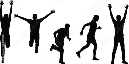 People, silhouette, jumping, running, celebrating, happiness, motion, active, lifestyle, energy, fitness, dynamic, figures, black, isolated, action, movement, joy, sport, freedom