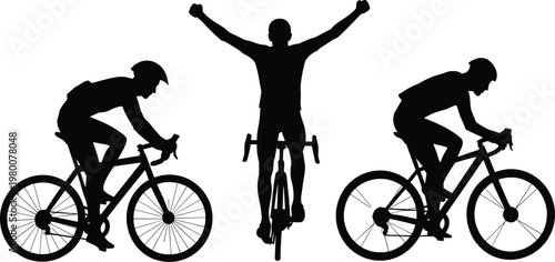 Cyclist, silhouette, riding, bicycle, sport, fitness, racing, athlete, isolated, black, figure, road, cycling, motion, speed, endurance, training, performance, activity, energy