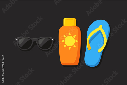 Flat vector illustration of essential summer beach items including black sunglasses, an orange bottle of SPF sunscreen with a sun icon, and a blue flip-flop isolated on a dark background for travel