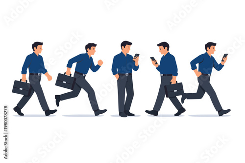 Professional businessman character set in various active poses wearing dark blue shirt and grey trousers, walking and running with briefcase, standing and using smartphone, male office worker vector