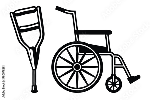Clean Minimalist Crutch and Wheelchair Icons, Monochrome Vector for Medical Use
