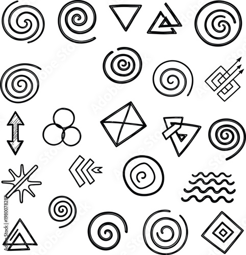 Set of hand drawn geometric shapes and symbols icon pack