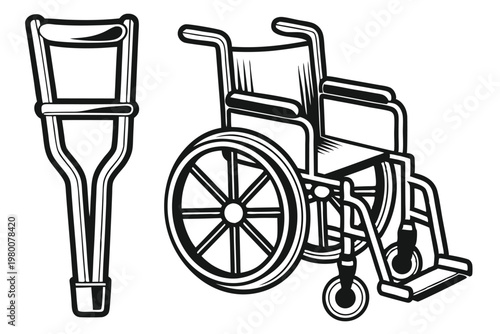 Set of Monochrome Crutch and Wheelchair Icons, Minimalist Vector for Care Services