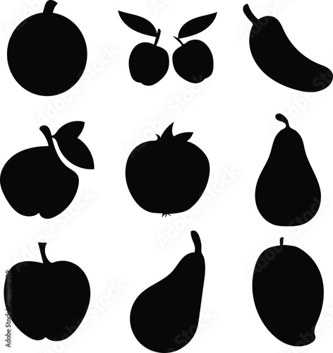 Fruit vector silhouette icon set with apple pear mango banana shapes