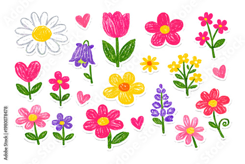 Hand Drawn Flower Stickers Set with Crayon Texture, Colorful Floral Cutouts Including Daisy, Tulip, Lavender, and Hearts, Childlike Oil Pastel Illustration Vector for Kids Crafts and Decoration