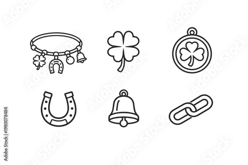 Good luck charm and jewelry line icons set featuring a charm bracelet with a horseshoe and four-leaf clover, a shamrock medallion, a single horseshoe, a bell, and a chain link. Minimalist vector.