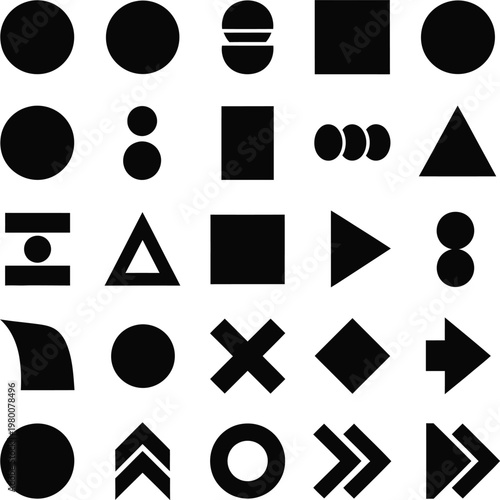 Solid black geometric shapes icons set play button