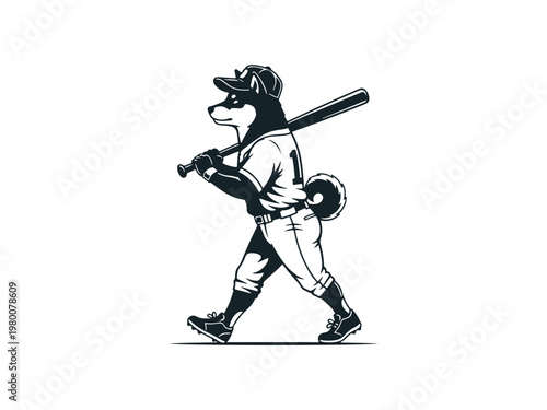A cartoon husky wearing a baseball uniform and holding a bat.