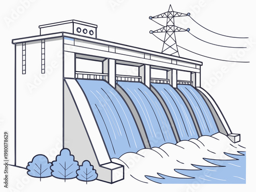 Hydroelectric dam water flowing spillways power lines renewable energy vector