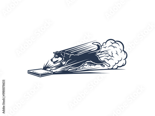 A dog emerges from a rocket with a laptop on the ground.