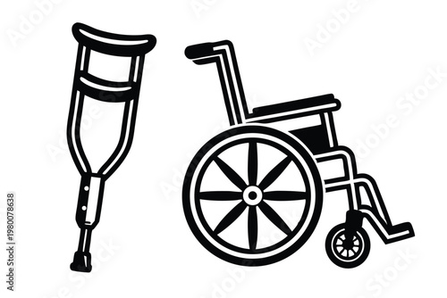 Minimalist Crutch and Wheelchair Icon Set, Vector for Accessibility and Healthcare