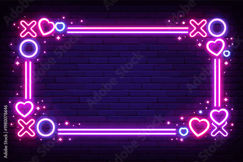 Neon XOXO Frame with Glowing Heart Symbols and Stars on Dark Brick Wall Background. Bright Pink and Purple Light Border for Romantic Dating, Love, Valentine's Day, and Nightlife Design.
