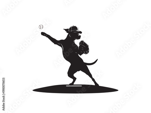 A dog in a baseball uniform pitching a baseball on a pitcher's mound.eps
