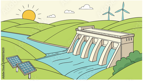 Renewable energy sources dam solar panels wind turbines green landscape vector