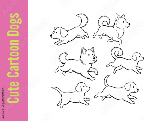 A group of six cartoon dogs running together in a playful manner.eps