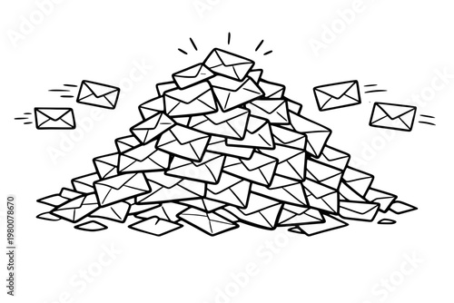 Hand Drawn Vector Illustration of a Large Overflowing Pile of Mail Envelopes Representing Communication Backlog, Information Overload, Spam, or a Busy Inbox. Minimalist Outline Drawing Concept.