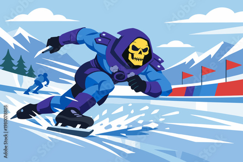 Dynamic flat vector illustration of a skull-faced character in blue and purple armor speed skating on an ice track with mountains and flags, capturing high-speed winter sports competition.