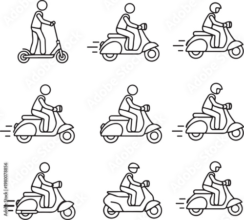Electric Scooter Icon Set – Line Art Rider Commuting E-Scooter Transportation Collection