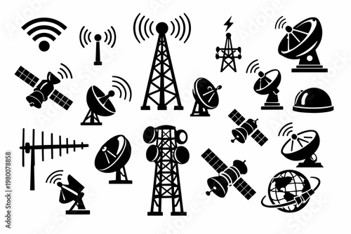 Vector set of wireless antennas, radio towers, radar, and satellite dishes. Black telecommunication and communication technology icons for network, internet, broadcast, signal, and global data.