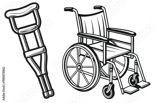 Minimalist Crutch and Wheelchair Vector Icons, Monochrome Design for Mobility