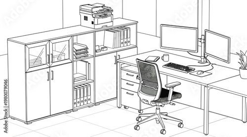 Modern office workspace with desk computer chair storage cabinet and organized interior setup detailed line illustration