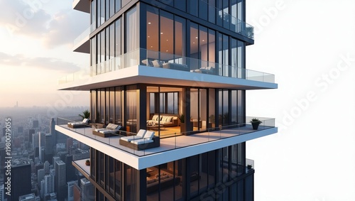 Modern highrise building with glass facade and balconies overlooking cityscape at sunset isolated on white background