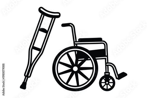 Monochrome Crutch and Wheelchair Icons, Minimalist Vector for Transport Assistance