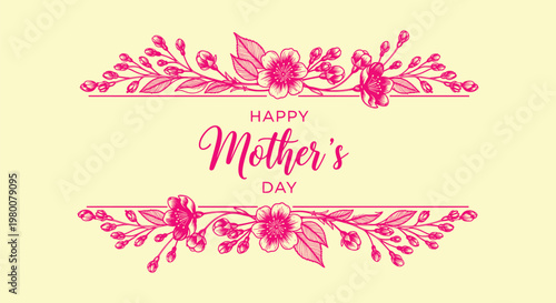 Elegant Happy Mother's Day Greeting Card Design with Hand Drawn Pink Cherry Blossom Floral Ornaments