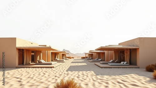 Luxurious desert resort with modern villas and sandy landscape in a serene environment with clear sky