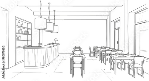 Modern restaurant interior with bar counter dining tables and chairs minimalist hospitality design detailed line illustration perspective