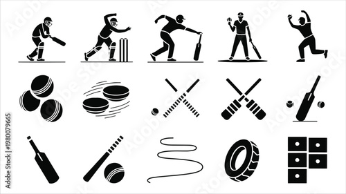 Collection of Cricket Players and Equipment Silhouette Icons