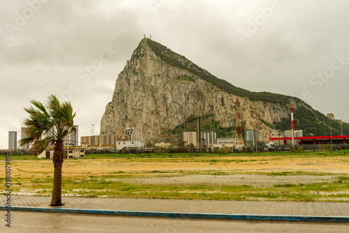 Rock of Gibraltar in Gibraltar city with urban skyline and palm tree