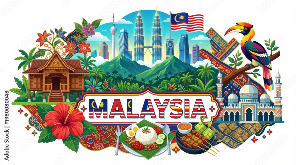 Obraz premium Vector Illustration of Malaysia's Cultural Landmarks and Traditions