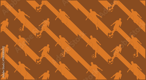 Seamless pattern design featuring soccer player silhouettes and balls on a warm brown background